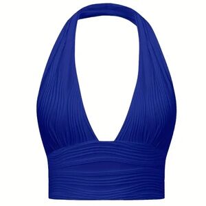 NEW CCB Cobalt Blue Textured Crop Halter Backless V-Neck Stretch Top Small S
